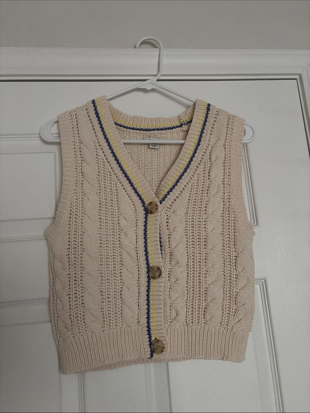 American Eagle Outfitters Cream Knit Vest with Navy & Yellow Trim